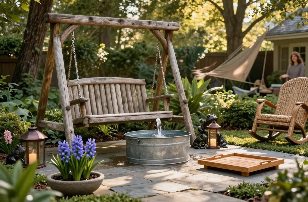 15 Rustic Backyard Decor Ideas for a Pond-Style Forest Vibe Starting with a Recirculating Galvanized Metal Pail Water Feature, Followed by a Grouping of Cast-Iron Frog Figurines, a Weather-Resistant Cedar Garden Swing, Solar Powered Bronze Hanging Lanterns with Led Candles, a Set of Natural Slate Floor Tiles, Uv-Rated Faux Water Hyacinth in Shallow Stone Bowls, a Solid Teak Serving Tray, a Pair of All-Weather Resin Wicker Rocking Chairs, Solar Powered Spotlights for Tree Canopies, a Concrete Sleeping Frog Statuette, a Set of Weather-Proof Canvas Sun Sails in Sand Color, a Heavy-Duty Metal Hose Reel with a Frog Topper, Uv-Resistant Faux Boxwood Mats for Ground Cover, a Weather-Proof Outdoor Bar Cabinet, and a Set of Solar Powered Motion-Activated Safety Lights