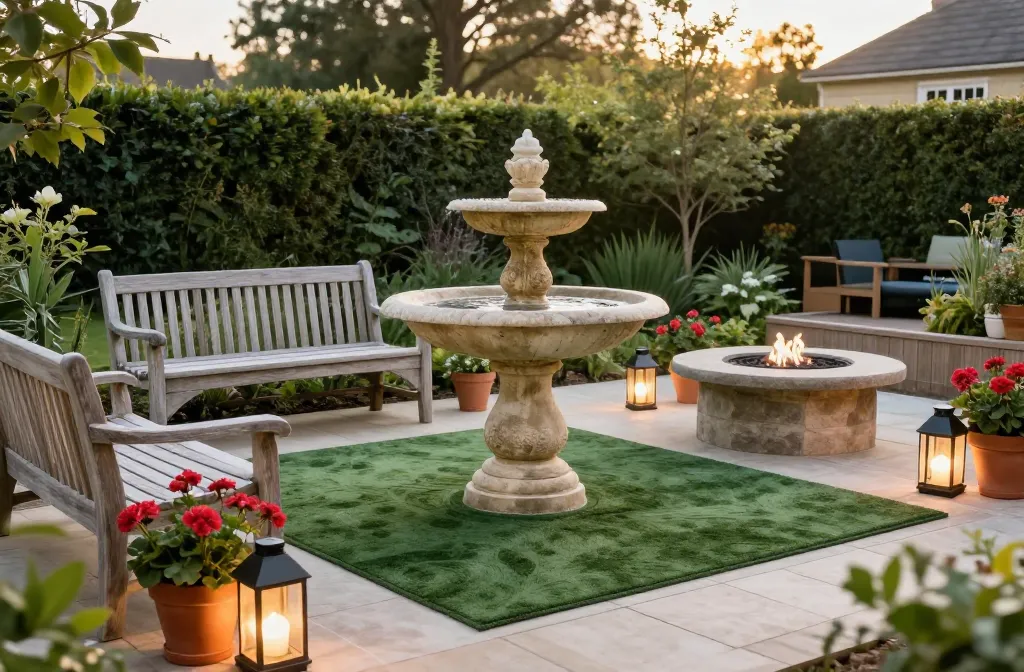 15 Modern English Garden Patio Ideas Starting with a Classic Two-Tiered Cast-Stone Pedestal Birdbath, Followed by a Weather-Resistant Teak Park Bench, a Hunter Green Polypropylene Area Rug, Solar Powered Warm-White Led Carriage Lanterns, a Set of Uv-Rated Faux Geraniums in Terra Cotta Resin Pots, a Portable Round Stone-Finish Gas Fire Pit, a Heavy-Duty Coir Welcome Mat, a Decorative Wrought-Iron Wall Mount for Plants, a Set of Solar Powered Copper Stake Lights, a Weather-Proof Wicker Storage Box, a Pair of Slatted Acacia Wood Side Tables, a Solar Powered Floating Water Feature Pump, a Weather-Proof