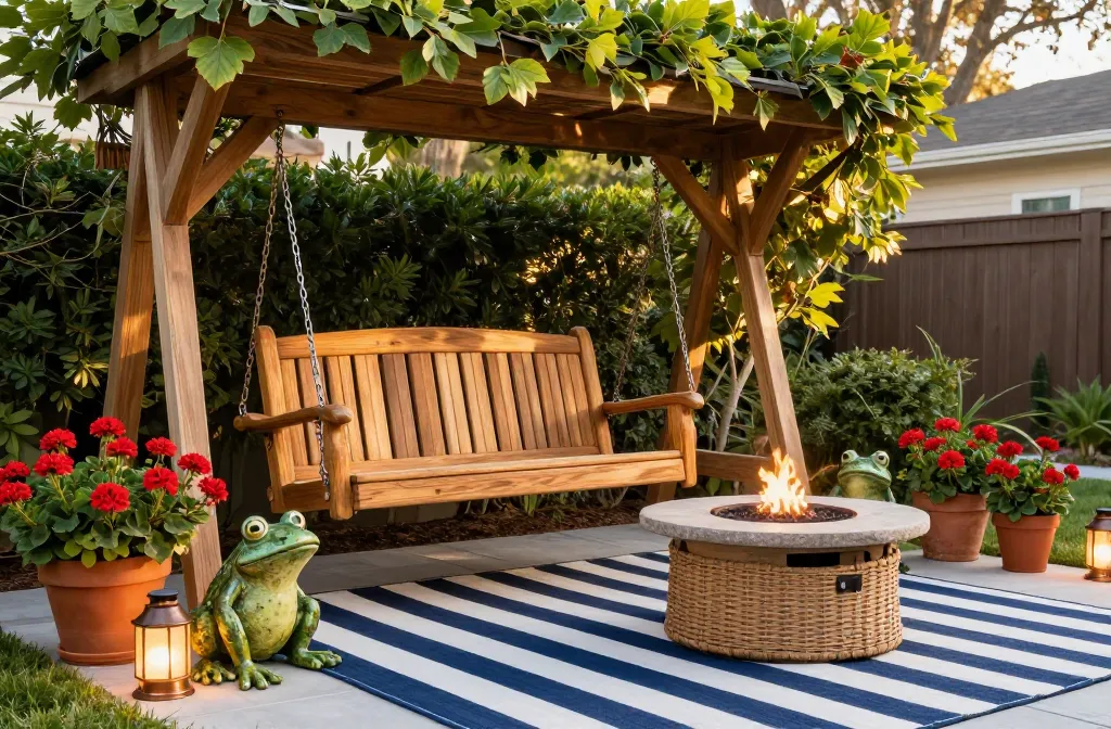 15 Traditional Southern Outdoor Living Room Ideas Starting with a Freestanding Teak Porch Swing with Iron Chains, Followed by a Navy Blue and White Striped Polypropylene Rug, a Pair of Verdigris Resin Frog Statues, Solar Powered Warm-White Led Carriage Lanterns, a Set of Uv-Rated Faux Geraniums in Terra Cotta Resin Pots, a Portable Round Stone-Finish Gas Fire Pit, a Heavy-Duty Coir Welcome Mat, a Decorative Wrought-Iron Wall Mount for Plants, a Set of Solar Powered Copper Stake Lights, a Weather-Proof Wicker Storage Box, a Pair of Slatted Acacia Wood Side Tables, a Solar Powered Floating Water Feature Pump, a Weather-Proof Canvas Wall Banner, a Weighted Resin Base for a Market Umbrella, and a Set of Solar Powered Integrated Deck Railing Lights.