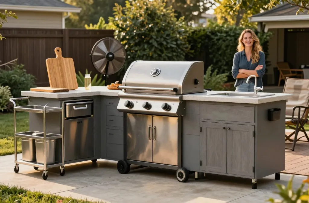 15 Pro-Level Outdoor Kitchen Ideas Starting with a Traeger Timberline Wood Pellet Grill, Followed by a Set of Stainless Steel Pellet Storage Bins,a Magnetic Bamboo Cutting Board, a Rolling Metal Bar Cart with Shelves, a Portable Outdoor Kitchen Island with Stainless Steel Sink and Storage Cabinet, a Professional Grade Meat Claw Set, a Heavy-Duty Paper Towel Holder with a Tension Arm, a Set of Silicon Prep Trays, a Set of Mesh Food Domes, a Wireless Smart Meat Thermometer, a Large Wood Serving Tray with Handles, a Set of Airtight Spice Tins, a Weather-Resistant Folding Bistro Table, a Set of Folding Padded Chairs, and a High-Velocity Pedestal Fan