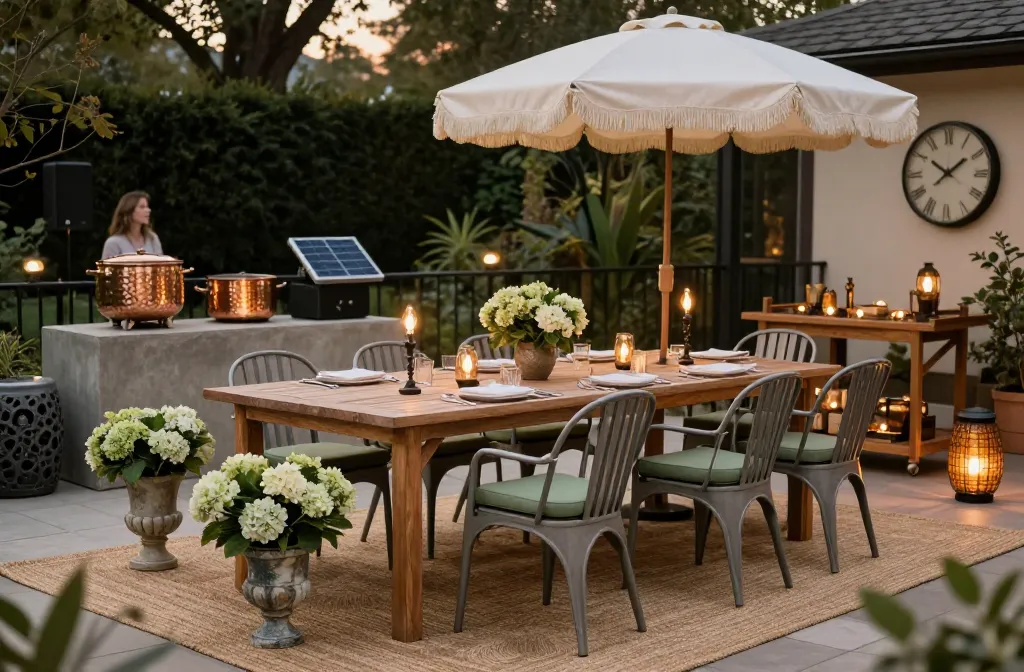 15 Sophisticated Garden Soiree Backyard Party Setup Ideas Starting with a Large-Scale Slatted Teak Dining Table for Twelve, Followed by a Set of Powder-Coated Aluminum Bistro Chairs, Solar Powered Warm-White G40 Edison Bulb String Lights on Iron Poles, a Heavy-Duty Jute-Look Polypropylene Rug, Uv-Rated Faux Hydrangeas in Distressed Resin Urns, a Portable Concrete Tabletop Fire Column, a Set of Hammered Bronze Beverage Tubs, a Weighted Base Market Umbrella with Tassel Edging, a Set of Performance Fabric Seat Cushions in Sage Green, a Weather-Resistant Teak Serving Cart, a Set of Solar Powered Amber Glass Tabletop Lanterns, a Decorative Resin Garden Stool, a Weather-Proof Outdoor Sound System, a Set of Solar Powered Integrated Deck Railing Lights, and a Large Round Weather-Proof Wall Clock