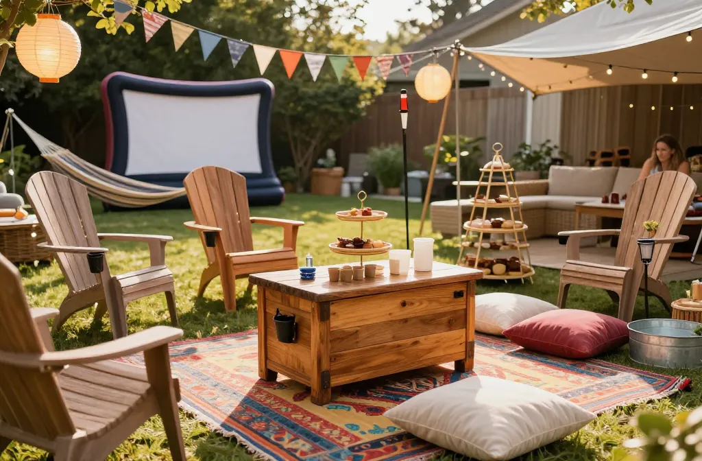 15 Amazing Summer Backyard Party Ideas Starting with: a Rustic Wooden Drink Cooler, a Colorful Outdoor Rug, Plastic Adirondack Chairs - Patio Chairs with Cup Holder & Wood Texture, a Freestanding Hammock, Tiki Torches with Citronella Fuel, Oversized Floor Pillows, a Pop-Up Canopy Tent, Hanging Paper Lanterns, Solar-Powered String Lights, Fabric Bunting Flags, an Inflatable Movie Screen, Tiered Bamboo Serving Trays, a Galvanized Metal Drink Tub, Unbreakable Melamine Dinnerware, and a Wicker Outdoor Sectional