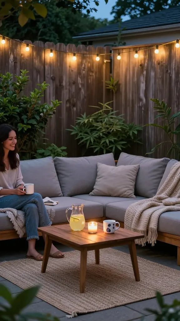 A twilight shot of a tiny backyard living room staged as a cozy retreat: string lights overhead casting warm glows, a compact sectional with textured throw blankets, a small wooden coffee table set with a pitcher of lemonade and mismatched mugs, and a woven outdoor rug anchoring the space. Soft candlelight flickers on the table, while lush green shrubs frame the scene and a weathered fence provides a neutral backdrop. A partial figure of a smiling 30-year-old woman is cropped out at the edge, hands resting on a mug, ensuring she is not the main focus.