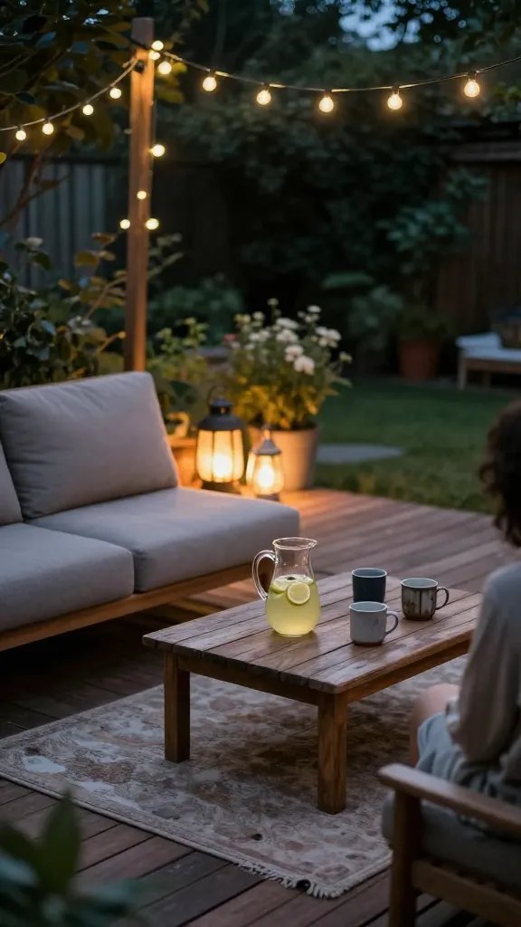 After-dark ambiance: a tiny outdoor living room illuminated by string lights and a couple of warm lanterns on the edge of a slatted wood deck. The scene includes a low-profile sofa, a weathered wood coffee table with a pitcher of lemonade and two mismatched mugs, and a soft, outdoor rug underfoot. The shot captures moody depth of field, with the background fading into a gentle bokeh of garden shrubs. A back-turned, partially visible person appears at the edge, adding human warmth without stealing focus.