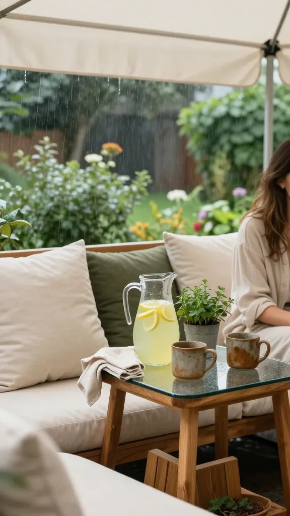 Rain-ready cozy setup under a small canopy: protective overhang shielding a petite patio seating area, plush cushions, and a compact glass-top table. The table hosts a pitcher of lemonade, a pair of rustic mugs, and a linen napkin tucked beside a small potted herb. The scene emphasizes texture and color harmony—creams, olives, and warm wood tones—while a rainy-soft haze blurs the garden beyond. A quietly present 30-year-old woman is partially cropped, lending a lived-in feel.