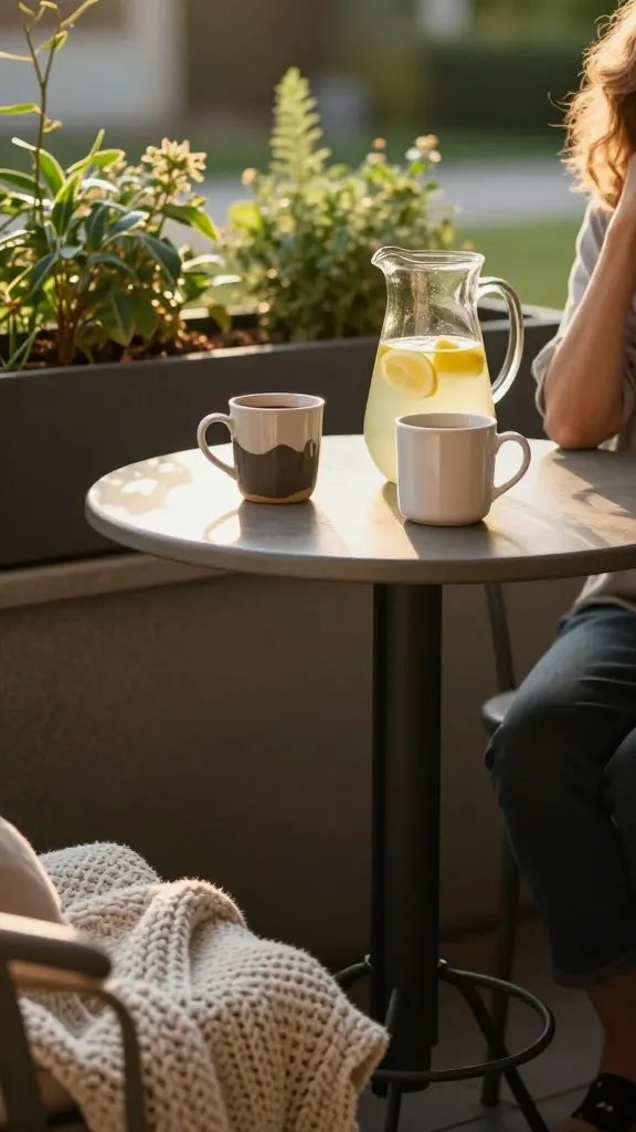 Quiet morning coffee moment: a small patio breakfast setup with a high-top table, two mismatched mugs, and a pitcher of lemonade catching the golden hour gleam. The composition features a nearby planter box overflowing with greenery and a shallow depth of field that softly isolates the table scene. The seating area shows a cushy corner with a chunky knit throw; a 30-year-old woman is visible only as a shoulder/arm in the corner, ensuring the person isn’t the main subject.