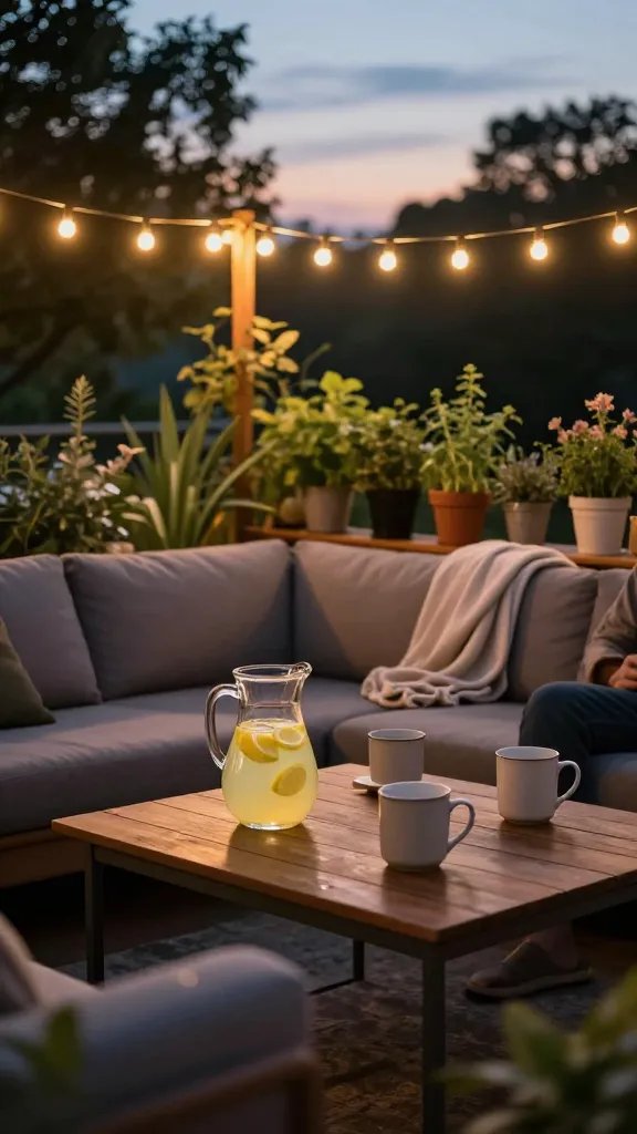 Seasonal transition scene: late-summer twilight with amber-hued lighting, an all-weather sectional, and a slender plant shelf filled with potted herbs in the background. The table features a gleaming pitcher of lemonade and casually arranged mugs; a lightweight throw is casually draped over an armrest to suggest ongoing use. The photo uses a long exposure glow from the string lights to evoke a sense of extended evenings. A subdued figure appears at the edge, not drawing focus, maintaining the vibe of a welcoming space.