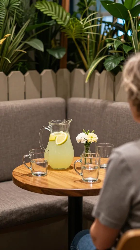 Tight-angle shot focusing on the invitation to linger: a small round table set with a pitcher of lemonade, two mismatched mugs, and a single small vase of fresh-cut flowers. The backdrop shows a compact seating cluster with a cozy cushion arrangement, a lush vertical garden, and subtle fence boards painted in a neutral tone. The lighting emphasizes wood textures and glassware reflections, while a 30-year-old woman is only partially visible—back turned or out of frame—so she remains secondary to the scene’s function and mood.