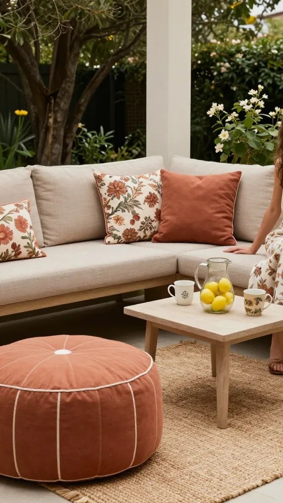 Compact space, big comfort—textural layering stills: a corner nook with a deep-seated pouf, a low wooden bench, and a small square table holding a lemon pitcher and mugs. The cushions are in heirloom florals and solid terracotta tones, with a jute rug anchoring the layout. Soft side lighting and a hint of outdoor greenery create a calm, intimate mood. The figure in the scene is a partially cropped woman, hands resting on the edge of the bench, non-dominant.