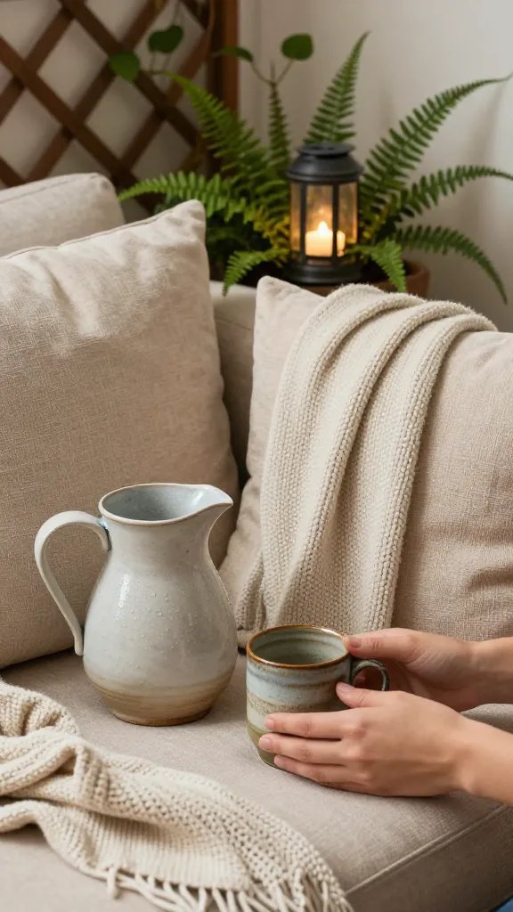 Close-up detail shot of a cozy corner: textured cushions in warm neutrals, a soft knit throw draped over the arm, and solar lanterns tucked into a small fern bed. The surface includes a gardener’s pitcher, a mug with a rustic glaze, and condensation beads on the pitcher rim. The background shows a compact trellis with trailing vines, keeping the focus tactile and intimate. A subtle silhouette of a 30-year-old woman’s hands aligns with the mug, cropped to keep her as a secondary element.