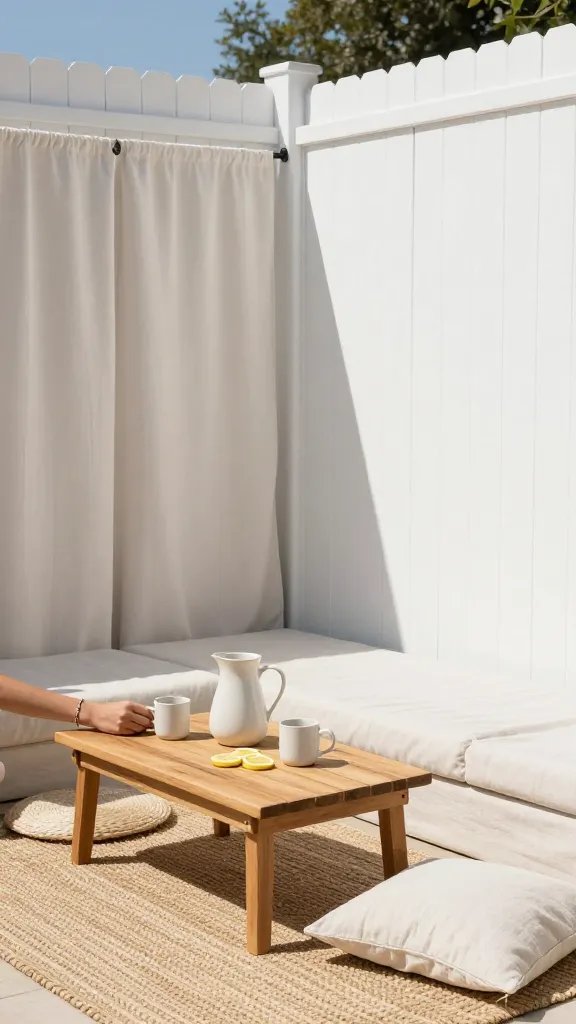 Midday sun with intentional shade: a tiny backyard living room using a narrow outdoor sectional against a whitewashed fence, a teak coffee table with a pitcher, mugs, and fresh-cut lemon slices. A foldable screen or lightweight curtain adds privacy without crowding space. The shot foregrounds tactile textures: rope-woven rug, woven mat, and linen cushions. A casually placed hand with a delicate bracelet rests near the mug, cropped to keep the person as a subtle element.