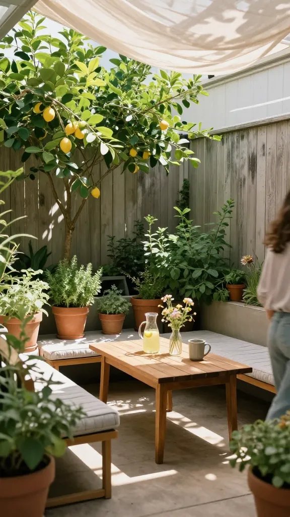 Morning sun pouring onto a small patio sanctuary: compact seating arranged in a U-shape around a low teak table, potted herbs and sunlit lemon tree casting dappled shadows, and a slim bench with a quilted cushion. The table is neatly set with a carafe of lemonade, two mismatched mugs, and a small vase of wildflowers. The photographer captures a wide-angle view with skylight-like brightness and a hint of breeze causing light textiles to flutter; a blurred, partially visible figure nearby suggests morning routine without dominating the frame.