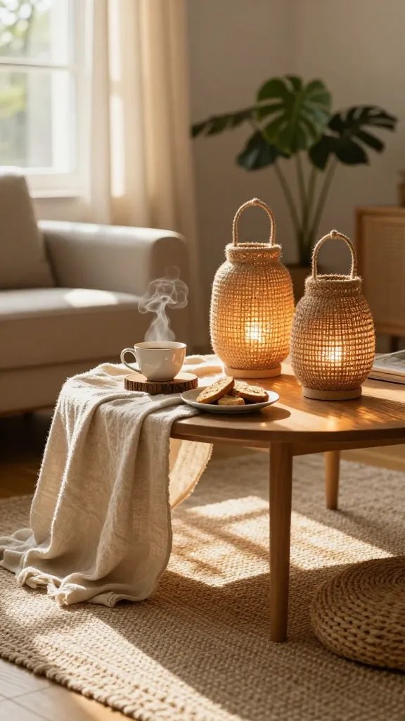 A sunlit living room scene centered on a coffee table draped with soft linen throws and two handcrafted natural jute lanterns. Amber light flickers through the woven fibers, casting warm, dancing shadows on the sunlit hardwood floor. A porcelain coffee cup with steam curling up sits on a rustic wooden coaster, while a small plate of biscotti sits nearby. Surrounding elements include a pale woven rug, a leafy potted plant, and a window with sheer curtains that filter golden afternoon light. The color palette is warm ambers, natural jute browns, cream, and soft greens. No people in the frame.