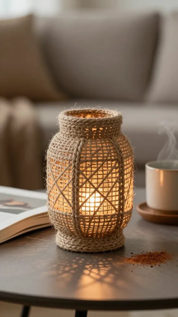 Close-up macro shot of a single natural jute lantern resting on a coffee-table surface. Emphasize the texture of the braided jute, the subtle imperfections, and the way amber light penetrates the weave to create intricate shadow patterns on a nearby book and ceramic mug. Include a barely visible steam line from a freshly poured cup, and a small sprinkle of cinnamon dust on the table for a tactile, storytelling detail. Use a shallow depth of field to isolate the lantern against a softly blurred living room backdrop.