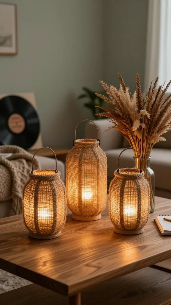 A staged, aspirational corner of a living room featuring three varying sizes of natural jute lanterns arranged asymmetrically on a coffee table. The soft amber glow from inside each lantern spills across the table’s wood grain, illuminating a sunlit bouquet of dried grasses in a glass vase to the side. Include a textured throw blanket draped over the sofa edge, a partially visible vinyl record sleeve leaning against the wall, and a notebook with a pencil to imply intention and daily rituals. Palette: warm wood tones, sandy jute, ochre, and muted sage.