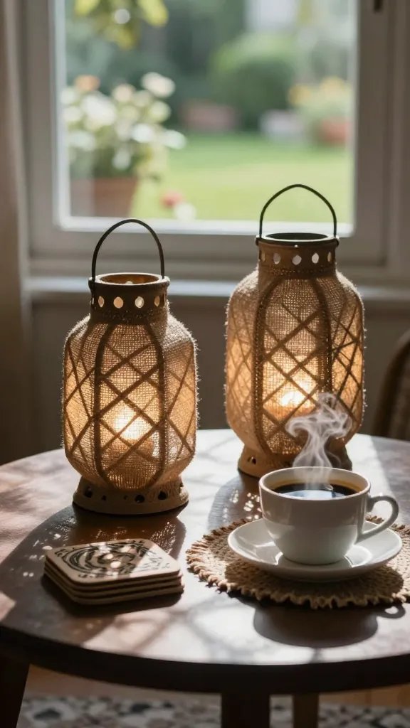 An earthy, storytelling composition: two jute lanterns on a coffee table with a steaming coffee cup, a small stack of artisanal coasters, and a handwoven placemat. The lanterns’ shadows create a lattice pattern reminiscent of forest light. A window shows a bright outdoor garden blurred in the background. The scene should feel grounded yet slightly magical, with natural textures taking center stage and a gentle hum of a relaxing playlist suggested by the visual rhythm of the shadows.