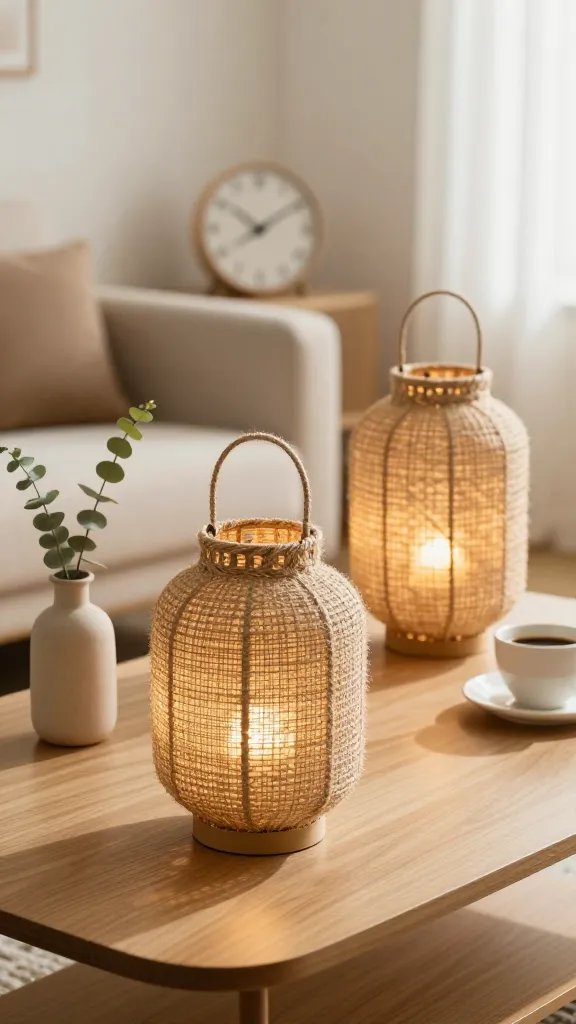 Editorial-style lifestyle shot: a sunlit living room with a focus on the texture and craft of natural jute lanterns on a coffee table. Include a shallow space in the foreground where a single lantern is in crisp focus, while a second lantern and a coffee cup fade softly into the background. Add a small ceramic vase with a single eucalyptus stem, and a minimal clock showing mid-afternoon. Color temperature warm, emphasizing amber glow, natural fiber details, and the sustainability narrative with a clean, modern aesthetic.