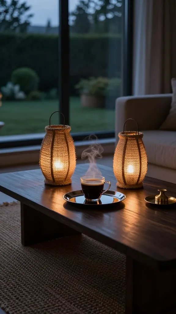 Dramatic twilight scene: the coffee table under ambient room lighting with two jute lanterns glowing softly as dusk settles. A cup of coffee steams on the table, casting a faint reflection on a polished tray. The window reveals a dimming garden outside, while a textured jute rug anchors the furniture. Include a few subtle gold accents (a small metallic tray, a brass candle snuffer) to enhance warmth, and ensure the lanterns remain the focal points with rich, tactile textures.