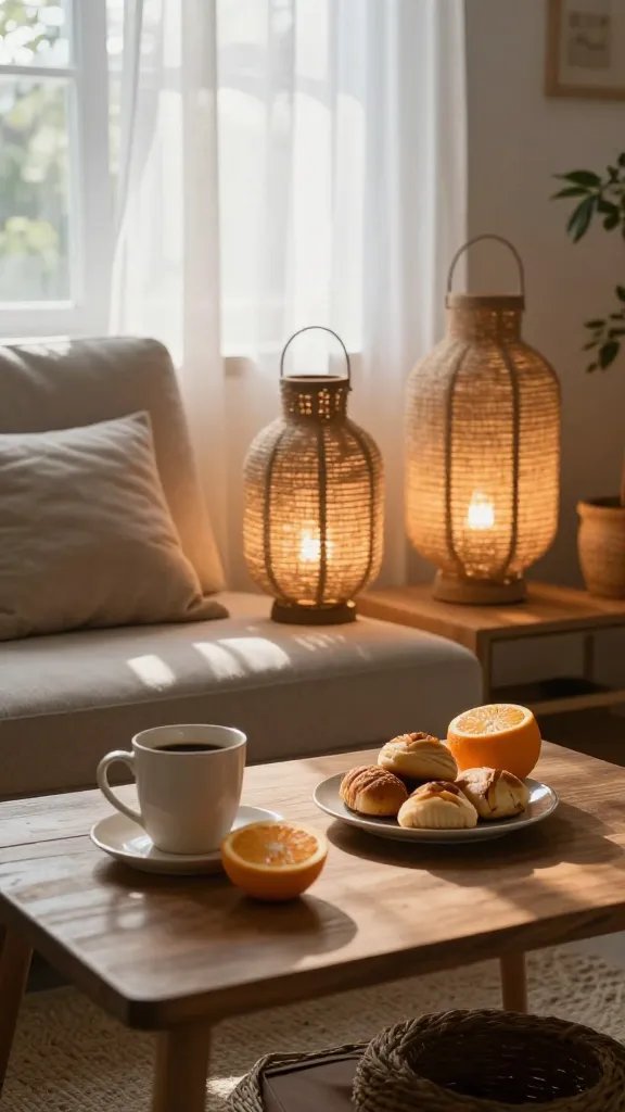 Cozy morning setup: a coffee table scene captured at a low angle to emphasize the lanterns’ height and weave. A mug of coffee, a half-peeled orange, and a small plate of morning pastries sit nearby. Sunlight filters through a sheer curtain, creating a soft, airy backdrop. The natural jute lanterns glow gently, casting a warm glow across the table and sofa cushions, with the room styled to feel grounded, sustainable, and a touch magical. No people in frame.