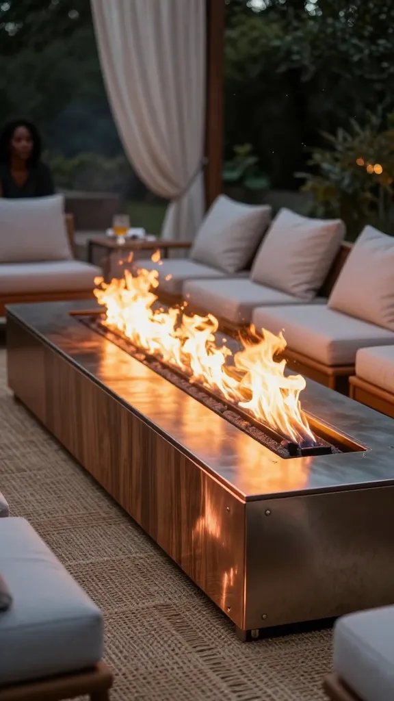 Evening ritual by a fire pit: a row of cushioned loungers facing a linear fire pit, copper accents along the edge, and woven outdoor rug underfoot. The glow from the pit reflects off brushed metal and teak grains, with a breeze sending a gentle ripple through a sheer outdoor curtain. A cold drink sits on a side table; a 30-year-old woman (African American) is visible as a soft, distant silhouette in the background, not the focal point.