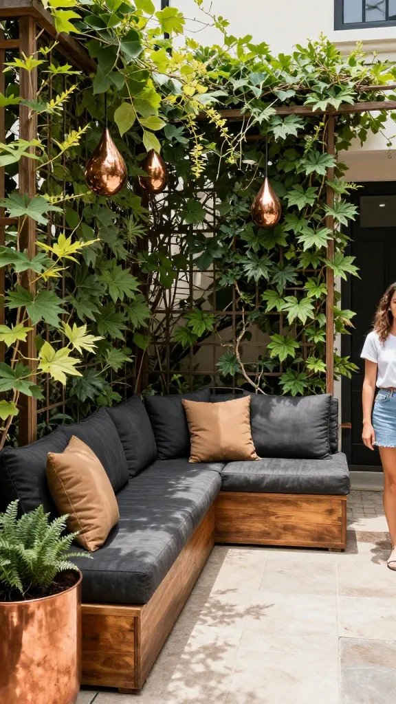 A sun-drenched courtyard corner: tall trellis with climbing, lush green vines behind an L-shaped loveseat in deep charcoal and tan cushions; copper planters line the edge, teardrop-shaped pendant lights above. The camera captures the texture of treated teak and the subtle sheen of weatherproof fabric. A narrow path of pavers leads to a hidden seating nook, where a partially cropped 30-year-old woman stands with one foot forward, her presence suggested but not dominant.
