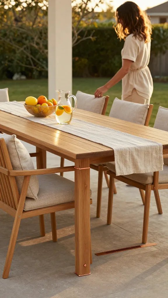 Wind-kissed dining terrace during golden hour: a long teak table with six premium chairs, copper hardware coupling, and a linen runner. Fresh fruit bowls and a pitcher of citrus water sit on the table; cushions show no flop after a breeze. The scene emphasizes usability in real life with durable fabrics and smart drainage. In the background, a 30-year-old woman with back turned is adjusting a cushion, partially cropped, reinforcing realism.