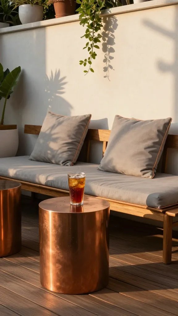 A sunset courtyard scene featuring a teak conversation lounge with copper-accented end tables, plush grey cushions, and a sun-kissed teak deck. The light catches the copper trim as a light breeze subtly ruffles cushions; a tall glass of iced tea rests on a table, condensation beads visible. Include a background wall of warm white stucco, trailing greenery in ceramic pots, and soft shadows elongating across the scene. A partial silhouette of a smiling 30-year-old woman (African American) sits off to the side, cropped at the waist, not the focus.