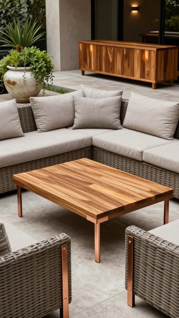 Close-up of a luxury outdoor dining enclave: woven resin chairs around a teak table, copper-accented fit-and-finish hardware, a ceramic planters with cascading plants, and a teak credenza with integrated lighting. Rich texture: teak grain, cushion seams, and water-repellent finishes. The scene captures a rain-ready, spill-proof fabric swatch being brushed clean; a glint of sunlight on the copper edges. In frame but not the center, a 30-year-old woman with a partial silhouette rests hands on the railing, smiling softly.