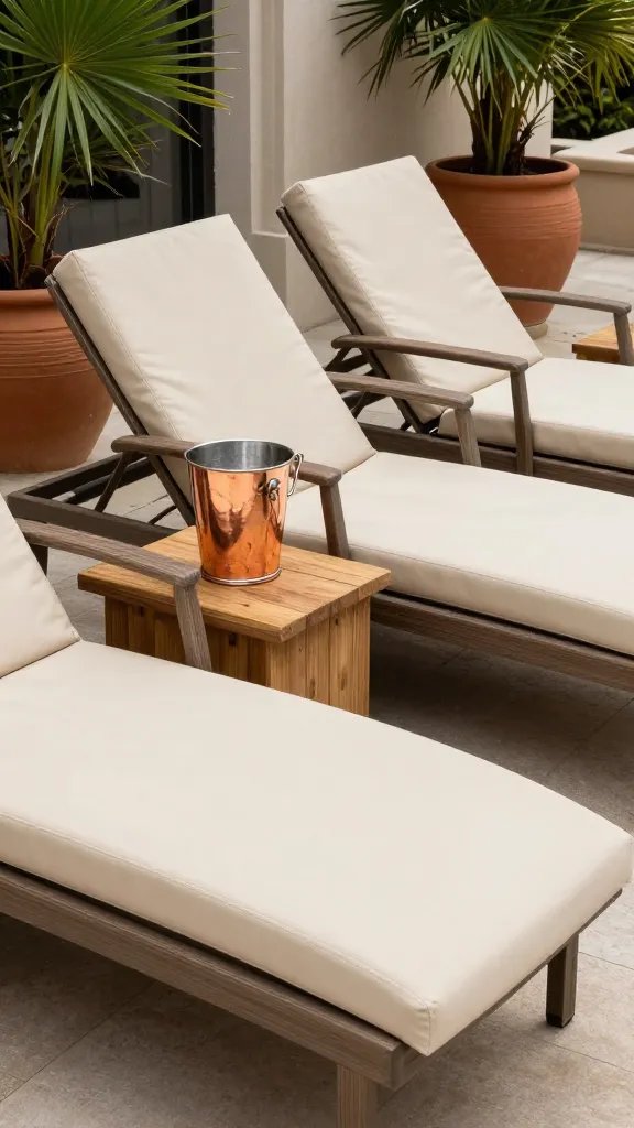 A poolside luxury lounge cluster: curved chaise lounges with ergonomic contouring, champagne-colored cushions, and teak armrests; a low teak side table with a copper-touched ice bucket. The pool water mirrors the golden hour sky; plants in tall ceramic pots frame the scene. The fabric shows no sag after a light sprinkle, emphasizing durability. A back-turned, partially cropped 30-year-old woman stands at the periphery, adding scale without drawing focus.