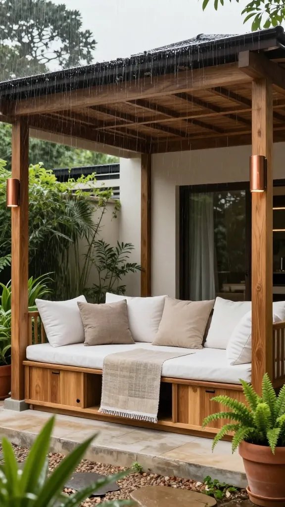 Luxury canopy retreat: a sheltered seating area under a teak pergola, soft white and stone-toned cushions, copper-toned lighting fixtures, and a rain-shedding fabric canopy. The shot highlights the furniture’s endurance with a rain-spritz test on a fabric swatch stored in a teak cabinet. A calm courtyard garden surrounds with terracotta pots and lush ferns. A 30-year-old woman (African American) stands near the edge, out of focus, providing human scale.