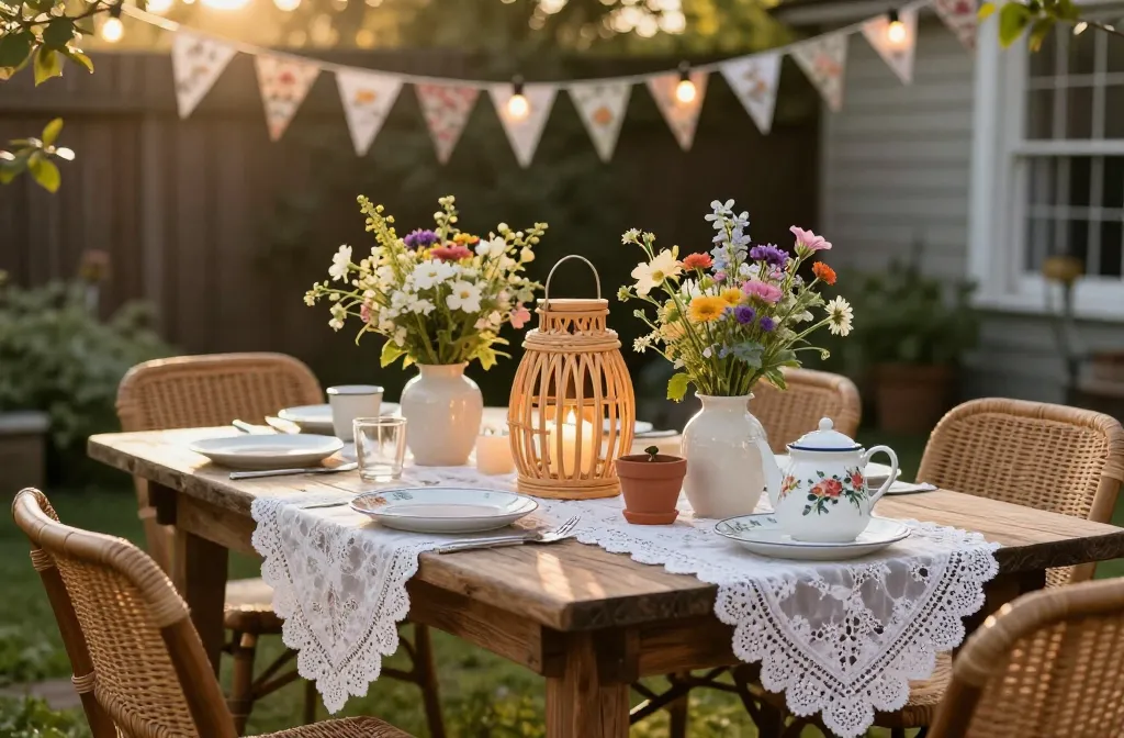 15 Backyard Cottagecore Wedding Ideas That Bring the Indoors Out Including Vintage Lace Tablecloths, Ceramic Vases, Wicker Chairs, Floral Bunting, Herb Favors, Handmade Outdoor Rattan Lanterns, Rose Trellis, Rattan Birdcage Centerpiece with Faux Florals, Terracotta Pots, Floral Printed Linen Napkins, Mason Jar Candles, Enamel Floral Print Teapot, Wildflower Bouquets, String Lights