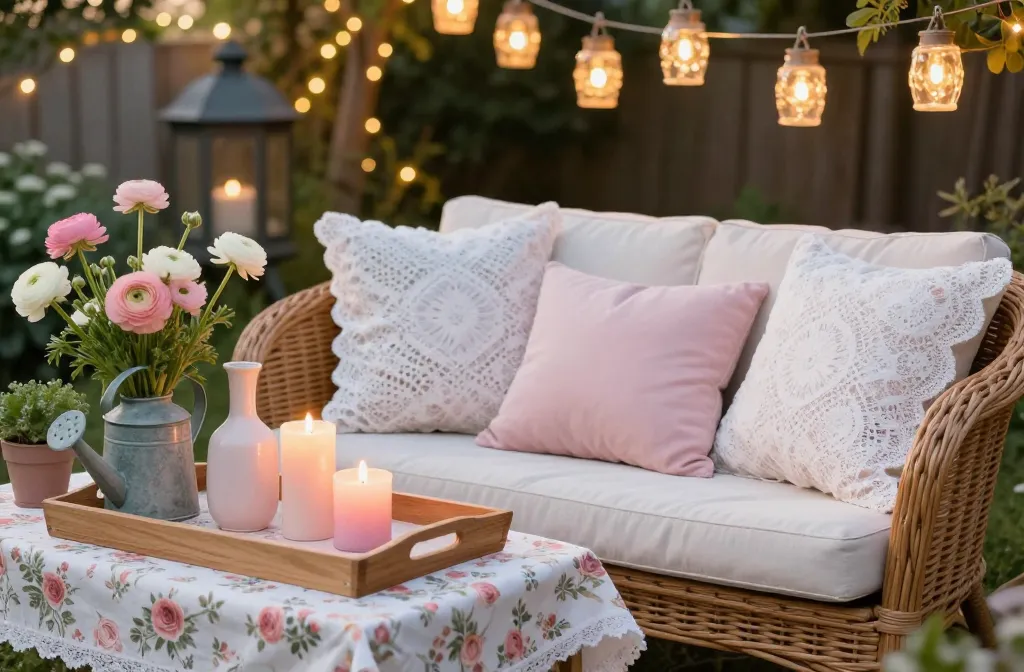 Whimsical Backyard Makeover Including Lace Decorative Outdoor Pillows, Rose‑Print Table Runner, Ceramic Bud Vases, Blush Taper Candles, Wicker Loveseat, Floral Bunting, Scalloped Lanterns, Potted Ranunculus, Vintage Watering Can, Pastel Drinkware, Outdoor Soft Throw Blankets, Mini Birdbath, Wooden Tray Table, Rose‑Gold Candle Tins, Hanging Jar Lights