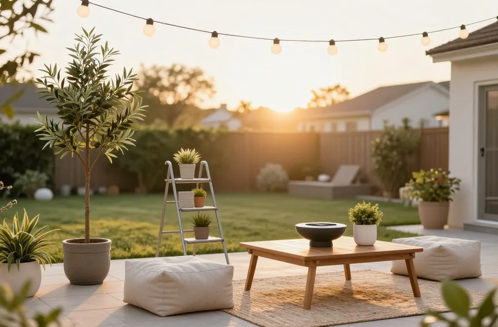 15 Renter‑Friendly Garden Decor Ideas You Can Take with You That Transform Any Patio Including Protable Faux Olive Tree, Metal Plant Ladder, Outdoor Poufs, Small Portable Solar-Powered Fountain Bowl, Solar Globe Lights, Light-Weight Ceramic Pots As Planters, Potted Rosemary in Recyclable Painted Tins, Folding Café Table and Chairs, Hanging Rattan Lanterns, Wooden Outdoor Trays, Mini Faux Table Centerpiece for Outdoor Rattan Coffee Table, Citronella Bucket Candles, Woven Outdoor Rug, Herb Trio Pots, Tabletop Fire Bowl