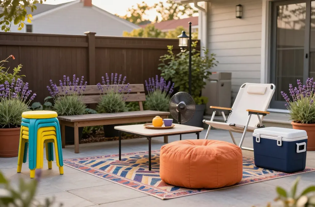 15 Rental‑Friendly Backyard Party Ideas for Small Yards with Clever Seating Solutions Including Stackable Stools, Folding Sling Chairs, Pouf Ottomans, Portable Bench, Patterned Outdoor Rug, Potted Lavender, Acrylic Drinkware, Snack Tower, Cooler Cube, Collapsible Bar Table, Herb Centerpiece, Mini Lantern Poles, Outdoor Cushions, Drink Caddy, Tabletop Fan