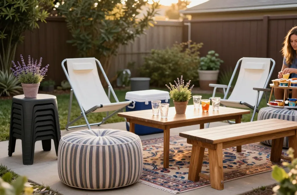 15 Rental‑Friendly Backyard Party Ideas for Small Yards with Clever Seating Solutions Including Stackable Stools, Folding Sling Chairs, Pouf Ottomans, Portable Bench, Patterned Outdoor Rug, Potted Lavender, Acrylic Drinkware, Snack Tower, Cooler Cube, Collapsible Bar Table, Herb Centerpiece, Mini Lantern Poles, Outdoor Floor Cushions, Drink Caddy, Tabletop Fans. Affordable Wow Upgrades