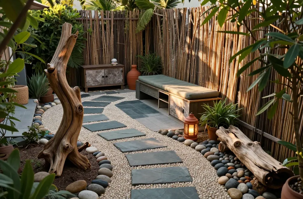 15 Simple Small Backyard Oasis Upgrades That Change the Whole Vibe with Nature‑Inspired Accents Including River‑Rock Border on a Pebble Path, Handcrafted Driftwood Sculpture As a Main Focal Point, Slate Stepping Tiles, Cedar Stump Stool, Driftwood Planter, Decorative Pebble‑Filled Bowl, Bamboo Wind Chime, Clay Amphora Pot, Stone Bird Dish, Willow Branch Screen, Pinecone Basket, Terracotta Lantern, a Weather-Resistant Resin Storage Cabinet, Cute Fairy Garden Miniature Mushrooms Statues, Glow in Dark Mini Red Mushroom Resin Figurines,, Natural Fiber Mat Under an Small Rattan Chair