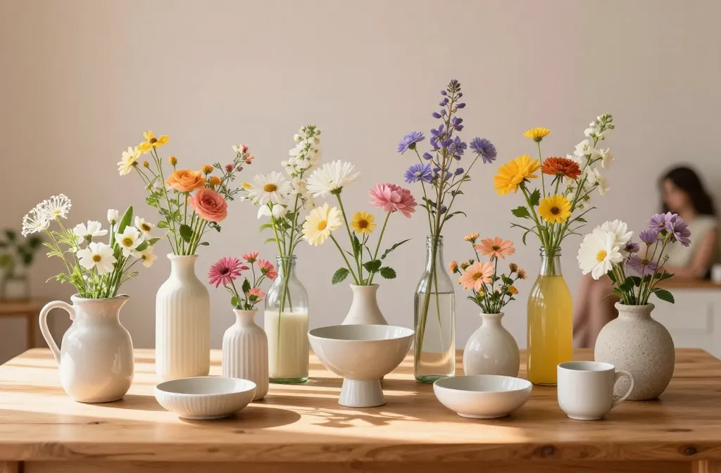 15 Unique and Fun Summer Flower Arrangements for Cozy Indoor Spaces You’Ll Want to Try This Weekend Including Hydrangeas in a Ceramic Pitcher, Roses in a Ribbed Vase, Chamomile in a Milk Bottle, Eucalyptus in a Tall Jug, Zinnias in a Footed Bowl, Cosmos in a Glass Bottle, Lavender in a Mini Vase, Dahlias in a Stone Pot, Mint Stems in a Juice Bottle, Tulips in a Curved Vase, Fern Tips in a Low Dish, Ranunculus in a Bud Vase, Daisies in a Mug, Floating Blooms in a Shallow Bowl, Wildflowers in a Tiny Cup