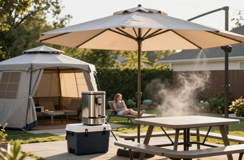 15 Summer Backyard Party Setups That Beat the Heat Including Uv‑Blocking Shade Canopy, Pop‑Up Gazebo with Vented Roof, Cooling Patio Umbrella That Tilts, Outdoor Misting Hose Kit, Insulated Rolling Cooler, Stainless Steel Drink Dispenser with Ice Core, Double‑Wall Insulated Ice Bucket, Insulated Beverage Tub, Cooling Towels, Clip‑on Rechargeable Fans, Hdpe Shade Sail, Wearbale Neck Fan, Portable Oscillating Outdoor Mist Fans for Patios Cooling