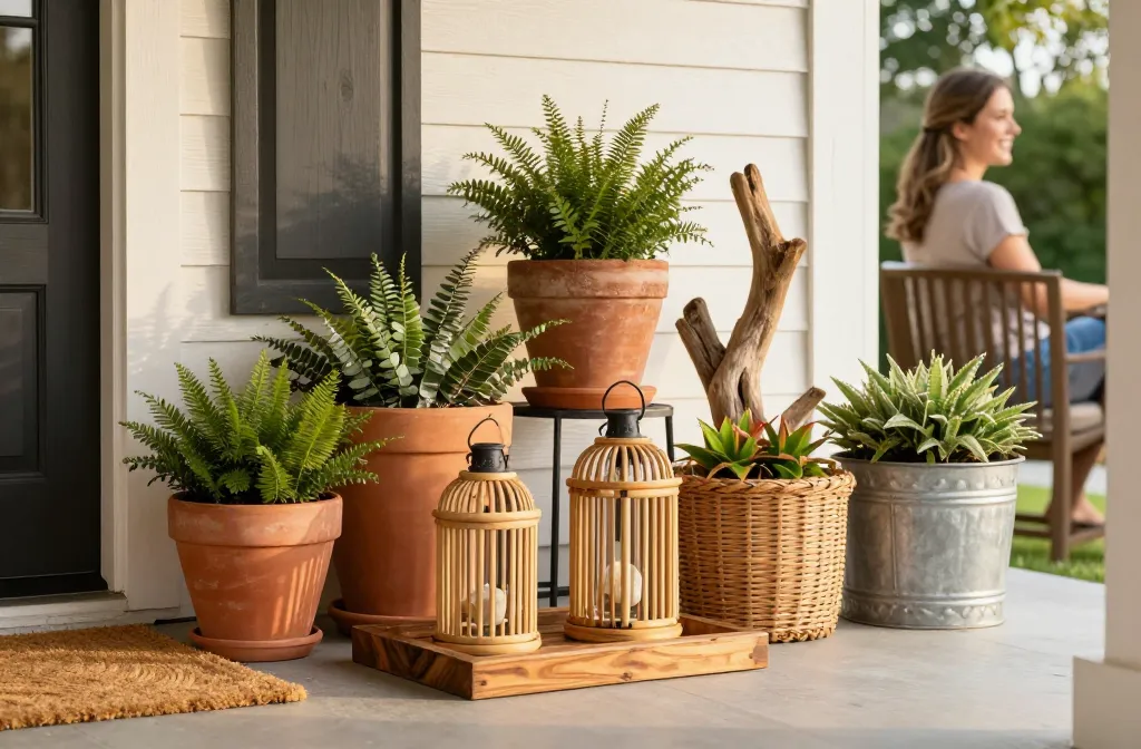 15 Front Door Decor Ideas for Summer That Transform Your Entry Fast Using Natural Outdoor Materials Including Terracotta Planter, Coir Doormat, Resin Wicker Planter, Bamboo Lanterns (Weather‑Sealed), Concrete Bowl Planter, Sealed Acacia Bench, Stoneware Pot, Galvanized Steel Planter, Polypropylene Woven‑Look Rug, Driftwood‑Look Resin Hook, Uv‑Safe Palm Wreath, Resin Cane‑Look Planter, Outdoor Rope Doorstop, Ceramic Footed Pot, Sealed Teak Tray Decor.