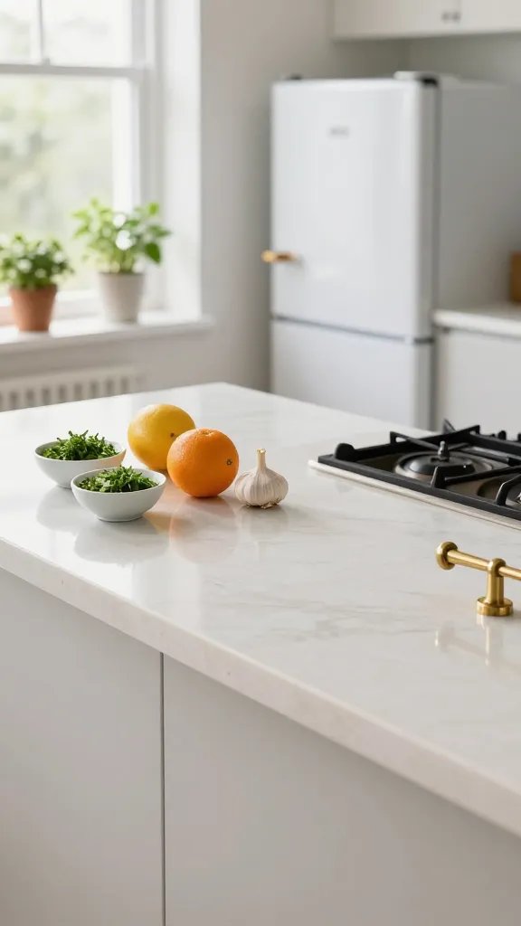 An ultra-clean chaos-free counter: a long quartz countertop with a minimal, neatly organized mise en place—tiny bowls of chopped herbs, a citrus section, a single garlic bulb, and a small herb garden in a sunlit windowsill. In the background, a quiet fridge with a friendly, matte finish hums softly. The scene emphasizes flow from prep to cooking, with a defined zone transition from cutting board to stove. The overall palette is cool whites and warm brass accents, with a shallow depth of field keeping the foreground crisp and the background gently blurred.