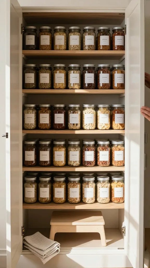 A pantry reveal shot: open wide pantry doors revealing uniform glass jars, labeled in a clean typographic style, stacked evenly with consistent spacing. A light spill from a nearby window casts diagonal sunbeams across the shelves, emphasizing organization and ease of access. Include a small step stool tucked under the shelves and a neatly rolled linen towel on the counter. Use a warm, inviting color palette of soft beiges, wood tones, and glass reflections. A hint of a partially visible person’s hands adjusts a jar’s label, not the focal point.