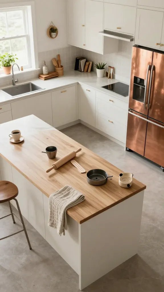The “live in it” kitchen flow: an overhead, wide-angle shot capturing the entire kitchen layout from above, showing a central island with ample prep space, a clear path to the fridge, and a designated baking zone with a rolling pin and measuring cups neatly arranged. Include a shallow open-plan feel with soft textures: linen towels draped over the island edge, a plant on the windowsill, and a coffee cup resting on the edge of the counter. Palette: oat white, warm wood, and brushed copper. A 30-year-old woman is present but appears as a background figure, slightly blurred, ensuring the space is the focus.
