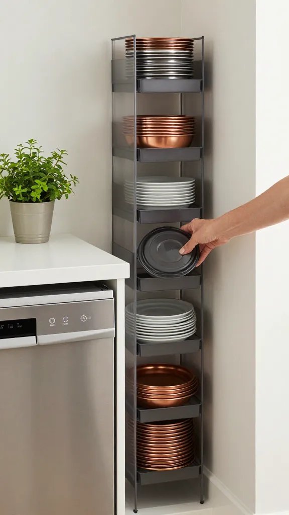 The “black hole” avoidance: a scene showing a slim, tidy storage corner where bulky items are eliminated. A compact recycling station sits under a counter, adjacent to a sleek dishwasher, with a wall of accessible vertical storage for lids and trays. The color story stays neutral with pops of copper and green from a small herb plant. The shot is tight on storage solutions and lines, conveying calm efficiency. A subtly cropped arm of a 30-year-old woman reaches for a lid, adding life without dominating the frame.