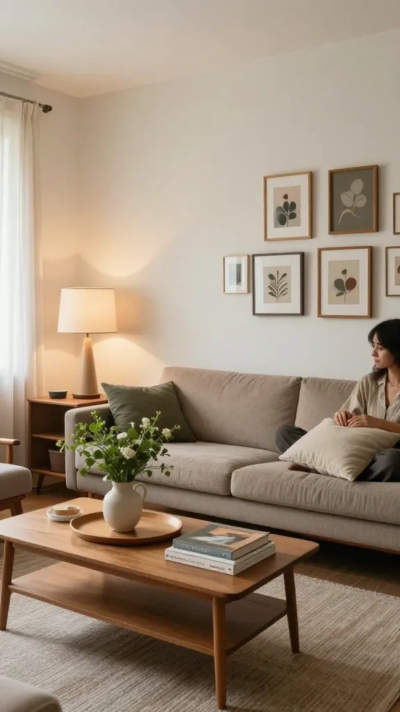 A sunlit, clutter-cleared living room that illustrates “rearranging” for a zero-dollar refresh: a mid-century sofa facing a blank wall repurposed as a gallery with thrifted frames; a single warm lamp on a side table; a coffee table layered with a single tray, a vase of fresh-cut greenery from the yard, and a stack of design books. Visuals emphasize balanced negative space, warm wood tones, and a palette of soft taupe, ivory, and sage green. Include sheer curtains diffusing natural light, and a textured rug anchoring the seating area. A partially cropped, relaxed 30-year-old woman in the background—hands on a throw pillow—appears subtly, not the focus.