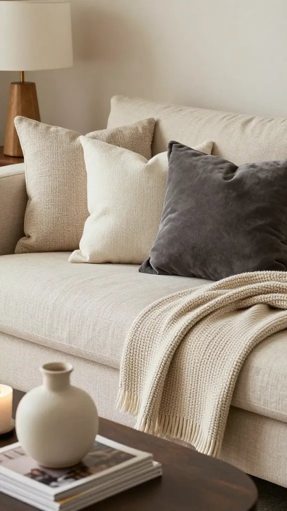 A cozy “texture refinement” close-up scene: a living room corner where mismatched cushions are unified with a curated mix of textures (linen, boucle, velvet) in a restrained palette of ivory, oatmeal, and charcoal. Show a well-loved throw draped over the couch, a knit blanket folded neatly, and a coffee table styled with a simple ceramic vase, a small stack of magazines, and a candle. The lighting is soft and golden from a table lamp; the composition highlights the relationship between fabrics and light, with no clutter.