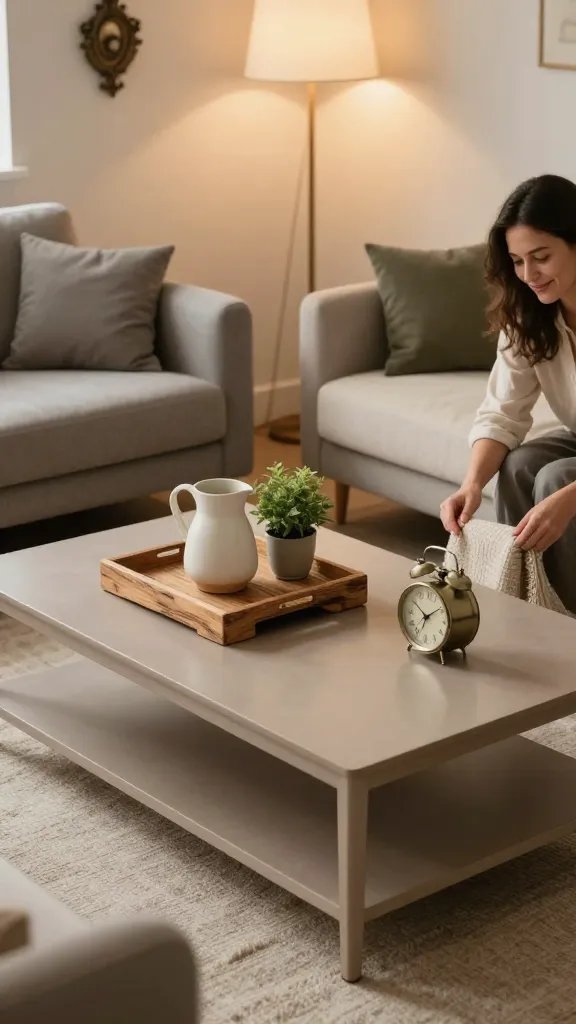An elevated shot of “repurposed surfaces,” featuring a coffee table that doubles as a display for personal collections: a reclaimed wood tray, a ceramic pitcher, a small plant, and a vintage clock, all arranged with deliberate spacing on a matte-finish surface. Surrounding seating in muted gray and cream-toned upholstery, a floor lamp casting a warm halo, and a wall with a single decorative mount. The color story remains cohesive: warm neutrals with a hint of green. A subtle, happy 30-year-old woman is present but not the focal point, her hands adjusting a textile on the couch.