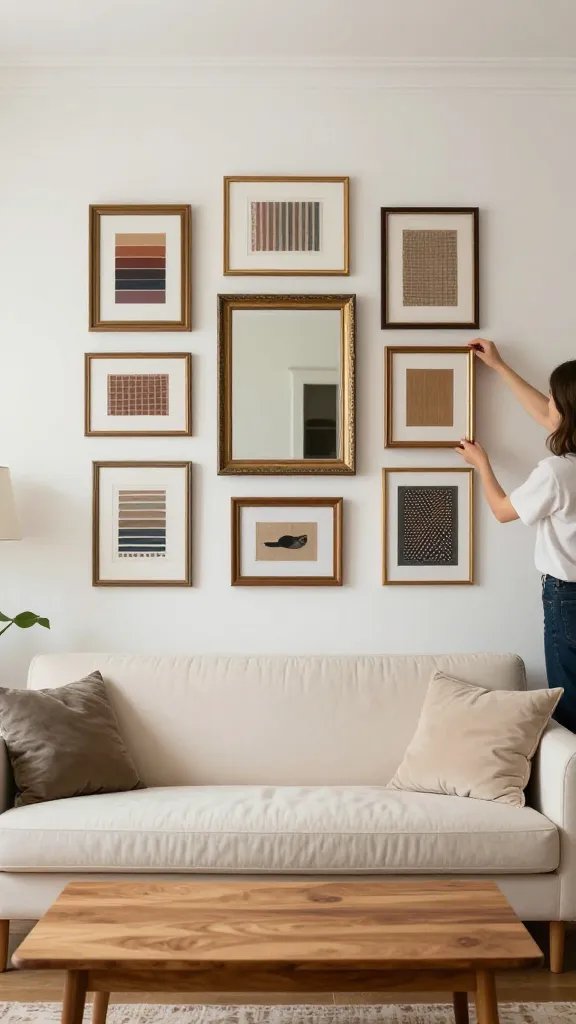 A “gallery-in-a-wall” effect in a rental-friendly setting: an empty wall transformed into a curated display using only frames and textiles already owned. Show frames in varying sizes arranged asymmetrically around a central mirror, with a textile swatch pinned inside one frame to suggest color cohesion. The room features a clean sofa in ivory, a warm wood coffee table, and a plant in the corner. Lighting is a mix of daylight and a subtle side lamp, creating a lived-in, polished vibe. A 30-year-old woman’s hands are visible adjusting a frame, intentionally out of focus.