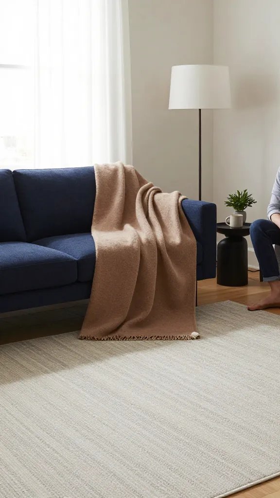 A “fewer pieces, bolder relationships” scene where two larger furniture pieces anchor the room while smaller items are minimized: a deep navy sofa paired with a large, airy light-toned rug, and a single sculptural floor lamp. Add one statement textile—perhaps a large rectangular throw in a soft, warm brown—that ties the room together. Include a small side table with a ceramic mug and a plant for life. The shot emphasizes harmony between scale, color, and texture; natural light streams in through a window with light sheers. A quiet, partially cropped figure sits near the edge, not the focus.