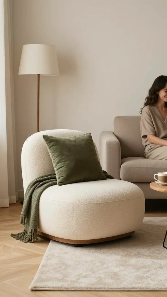 A “seat with purpose” arrangement showing repurposed seating arrangements: turn one chair into a plush, cozy reading nook by adding a thick cushion and a throw, while the sofa remains the anchor. Include a floor lamp, a small side table with a cup of coffee, and a minimalist rug. The color palette stays warm neutrals with a hint of olive green. The photo emphasizes the intentional placement and relationship among pieces, with natural, soft lighting. A subdued, smiling woman is visible in the background but not the focal point.