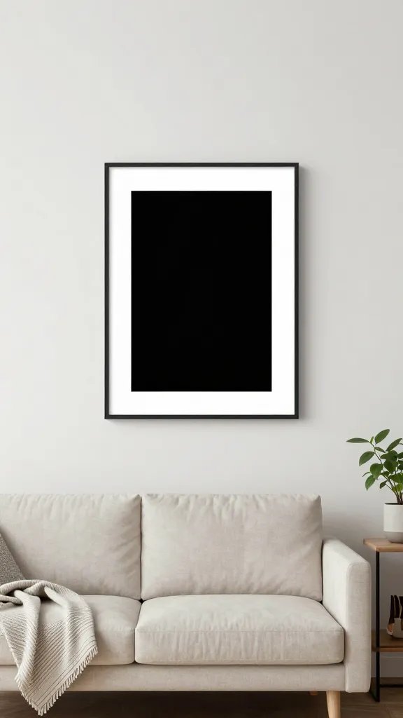 A “minimalist art reintegration” shot: a near-empty wall featuring one bold, personal art piece (framed photograph or abstract) with surrounding negative space to emphasize intent. The room uses a simple sofa in a pale shade, a lined throw, and a small plant on a slim console or shelf. Lighting should be soft and even, highlighting textures of fabrics and wood. The composition centers on balance and scale, and a faintly visible 30-year-old woman is present in the periphery, not the focus.